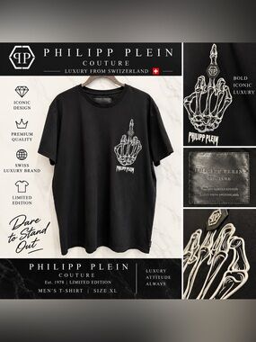 Lt. Ed. Philipp Plein Couture Black T-Shirt White Skeleton Hand Graphic